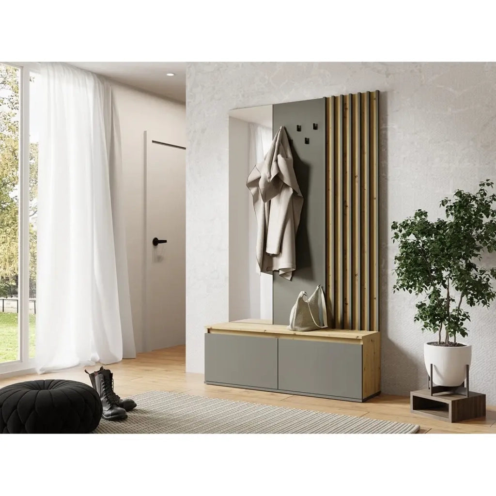 Mobile da ingresso con appendiabiti e specchio 120 cm - quercia chiara e grigio antracite - Collezione Mone