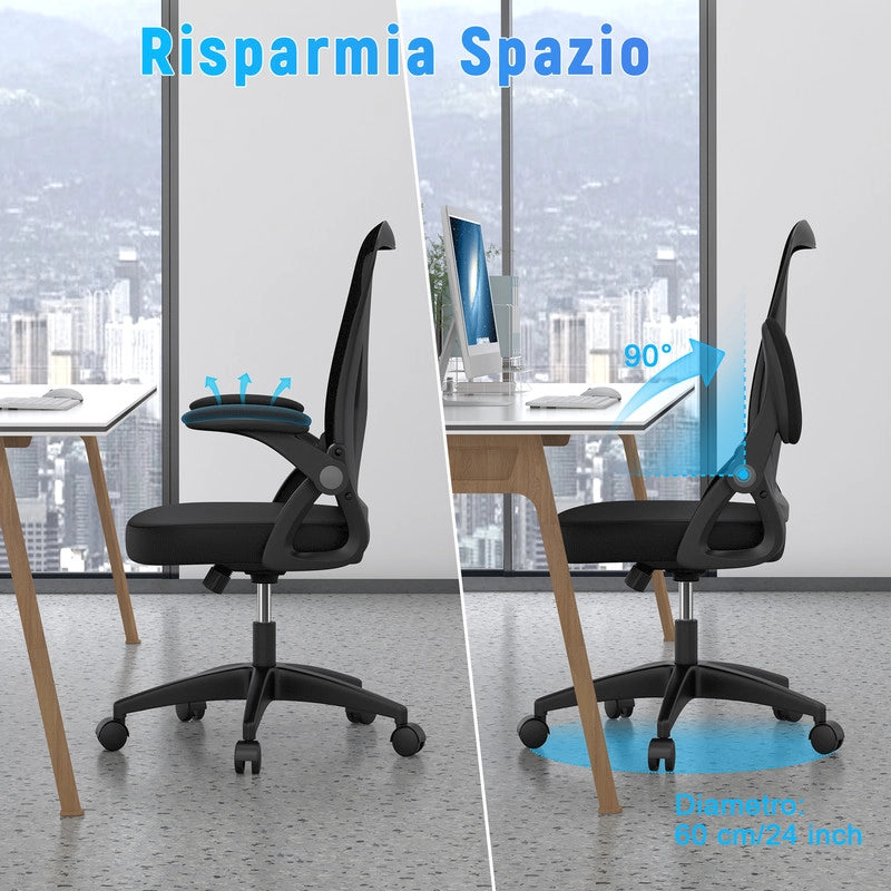 Sedia Ufficio con Braccioli Ribaltabili - RATTANTREE - Schienale in Rete Mesh - Schienale 90¡ã-105¡ã - Portata 120kg - Nero