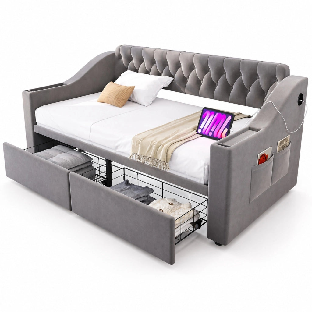 Divano letto imbottito 90x190 cm in velluto con USB; cassetti contenitore e braccioli grigio chiaro