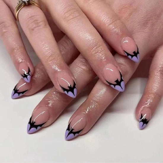 Nageli per Halloween - 24 pezzi - unghie a forma di mandorla - medie - a forma di unghia completa - colore viola
