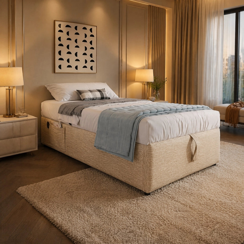 LETTO contenitore 90x200 cm in lino beige/naturale con USB/Type-C, senza testiera