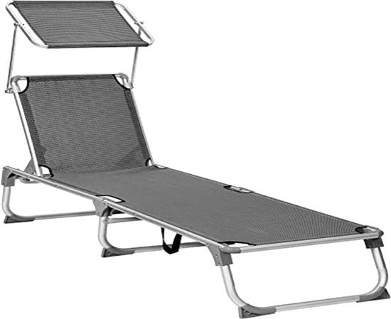 Sedia da giardino, con tettoia solare, schienale regolabile, pieghevole, leggera, 55 x 193 x 31 cm, carico massimo 150 kg, per giardino, balcone e terrazza, colore grigio scuro