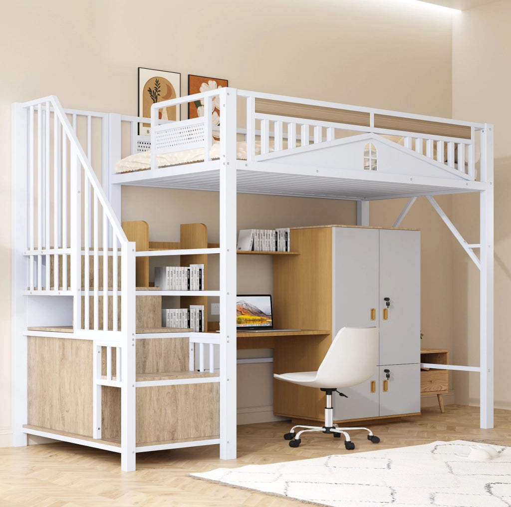 Letto a soppalco 90x200 cm in metallo con scala contenitore e armadietto