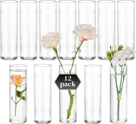 Set di vasi cilindrici in vetro per matrimoni: 12 piccole vasi. Set di vasi cilindrici in vetro per centri di tavola. Decorazione da tavola. Decorazione da tavola per casa - Piccolo vaso per fiori. Vasi in vetro moderni per fiori e rose.