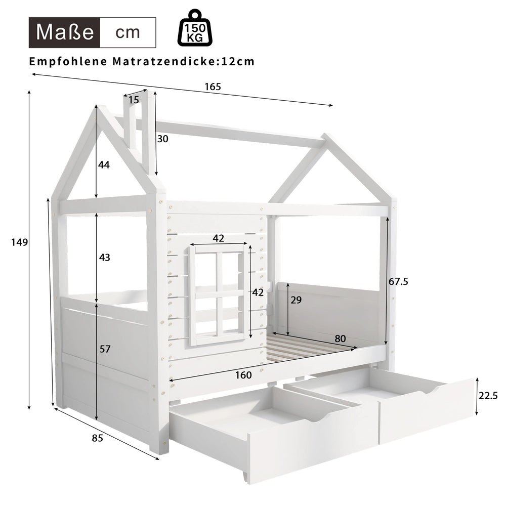 Letto per Bambini con Sponda ¨C MINIMAL ¨C Legno Massello, Bianco, 80x160
