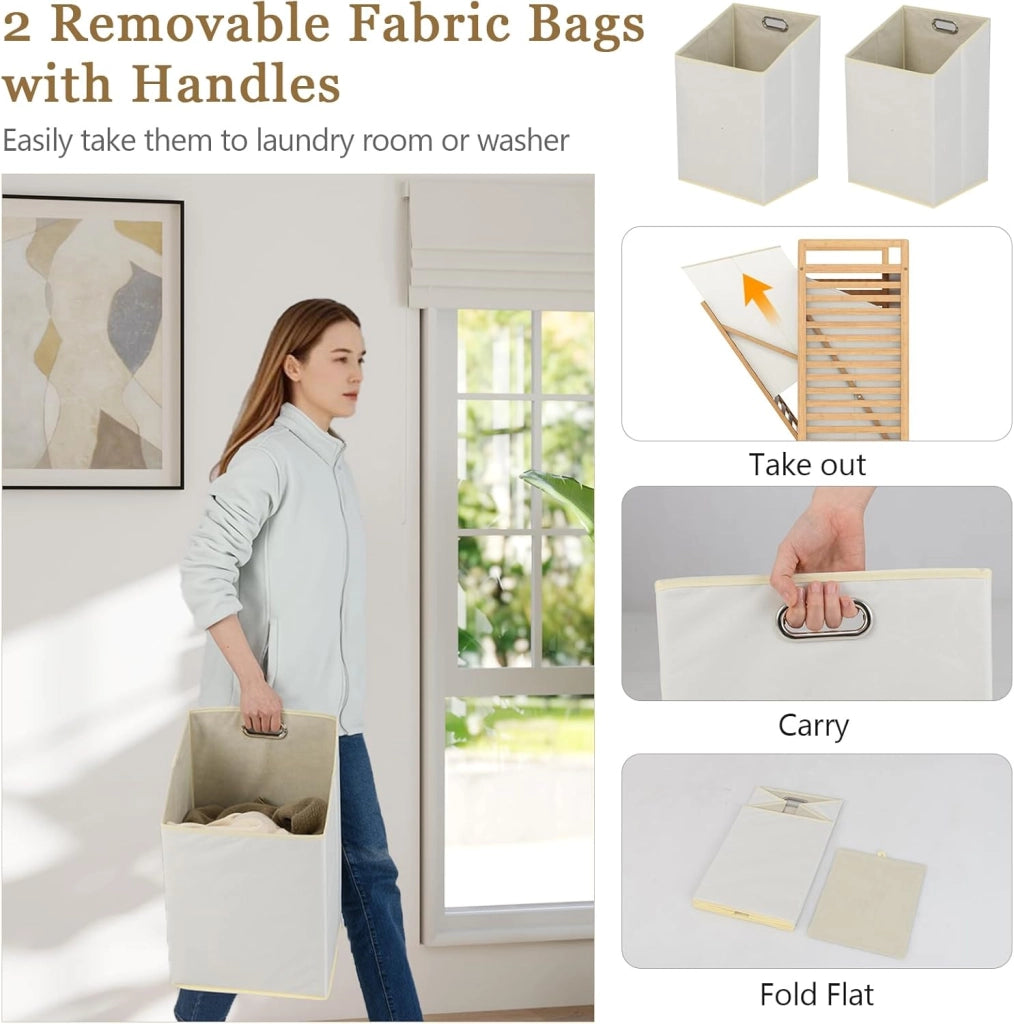 Cesto per la biancheria, 75 l, 2 scomparti, con 2 sacchetti per la biancheria rimovibili, 80 x 30 x 72 cm, in bambù, per lavanderia e bagno