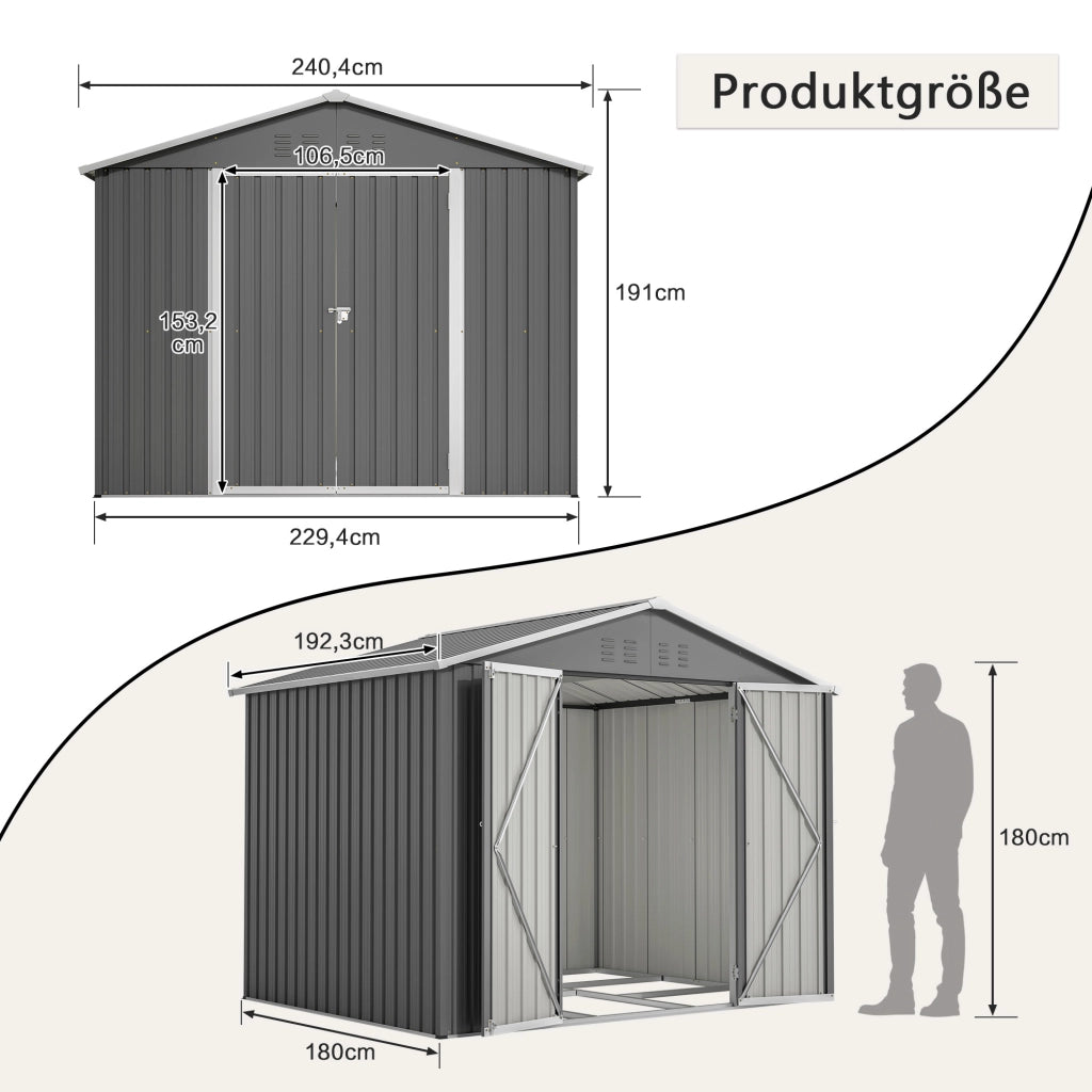 Casetta da giardino in metallo con porta a ribalta e prese d’aria, grigio, 229,4 × 180 × 192,3 cm