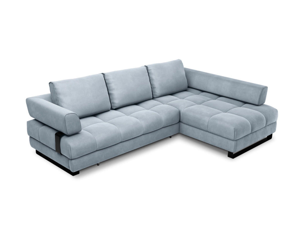 Cosmopolitan Design - Divano convertibile angolare destro con contenitore "Clinton" 5 posti in velluto azzurro 