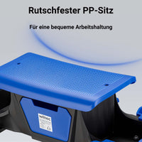 Sgabello da officina con ruote e cassetto per attrezzi, portata 150 kg, 6 scomparti intercambiabili, sgabello da lavoro con ruote