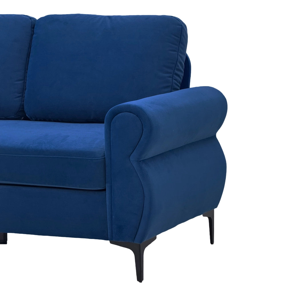 Divano lineare 3 posti con seduta ergonomica e braccioli, in tessuto, metallo e schiuma, Blu 173,5 cm