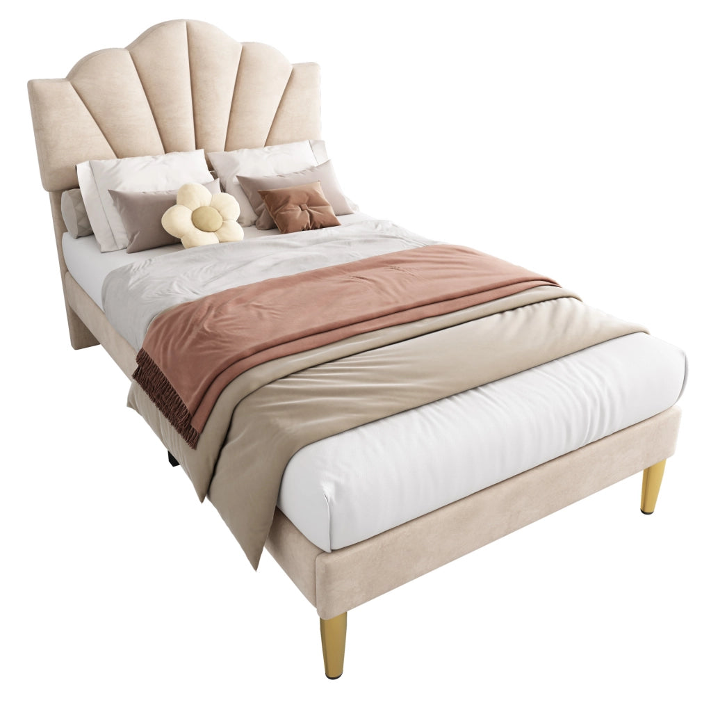 Letto imbottito matrimoniale 90x200 cm in velluto beige con testiera regolabile e rete a doghe