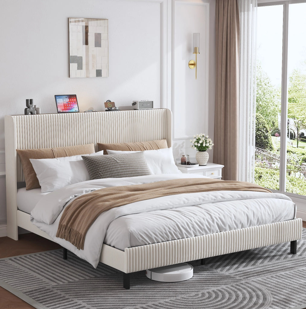 Letto imbottito 180x200 cm con struttura metallica silenziosa in velluto a coste beige e crema