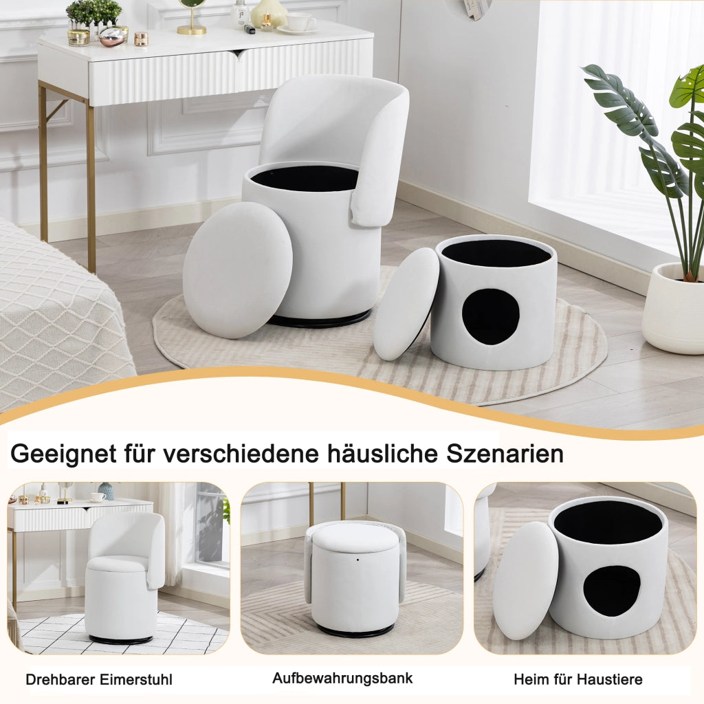 SEDIA Girevole 53x50x47 cm In Velluto Bianco con vano contenitore