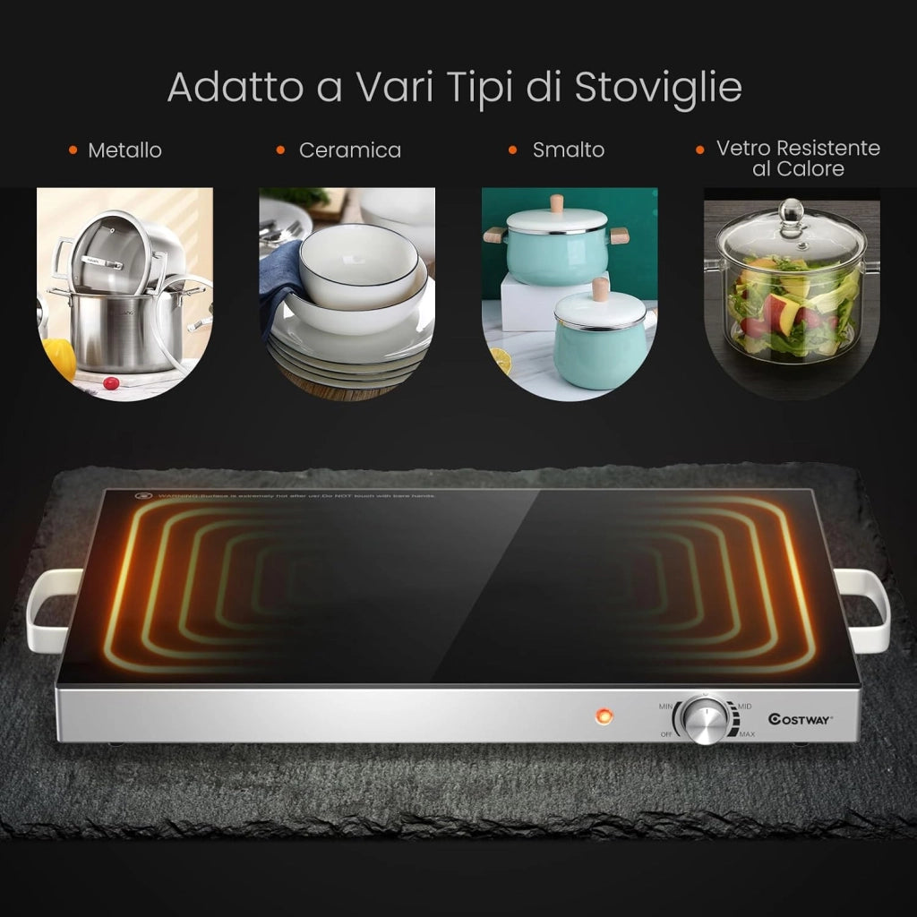 Vassoio Scaldavivande Elettrico, Vassoio Riscaldante in Acciaio Inox con Piano in Vetro Resistente alle Alte Temperature, Maniglie Antiscottatura, per Casa e Festa