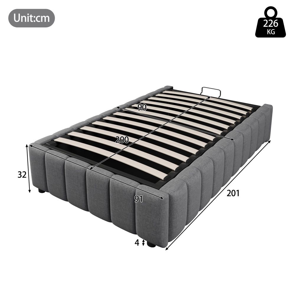 Letti contenitori 90x200 cm; contenitore idraulico; lino; grigio (Senza materasso)