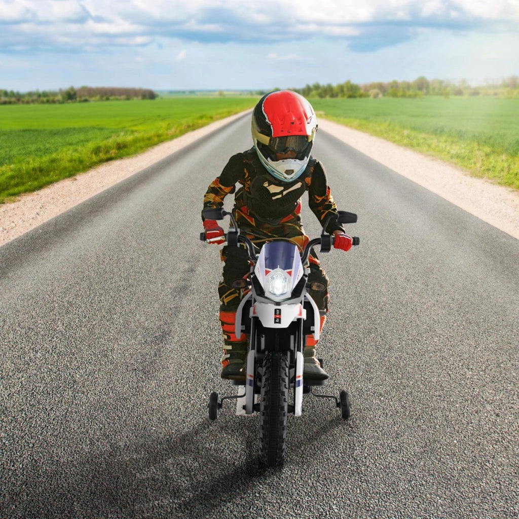 Moto cavalcabile per bambini con licenza aprilia e 2 ruote aggiuntive, Moto elettrica 12V con musica Bianco-Moto elettriche