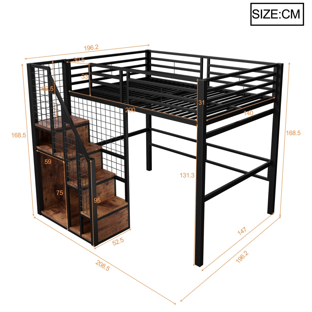 LETTO A MEZZANINO 140x200 cm in metallo nero con scala e spazio inferiore