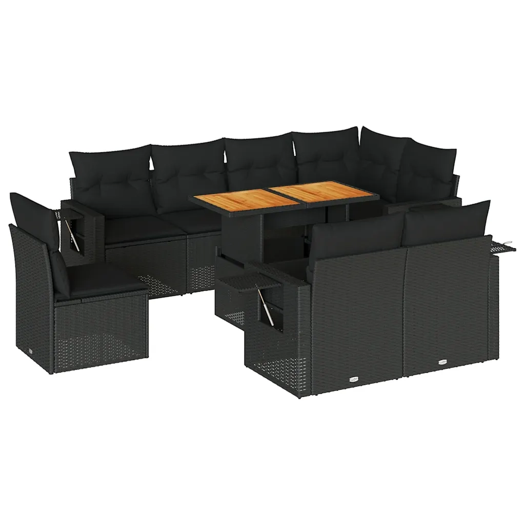 Set Divani da Giardino 9 pz con Cuscini Nero in Polyrattan 3327163