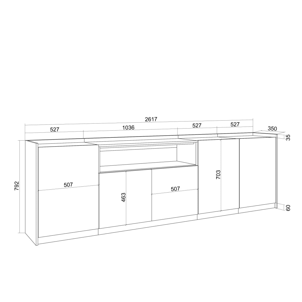 Credenza, Mobile, Cucina, 260x80x37 cm, 5 Porte, grande stoccaggio, Nero e rovere