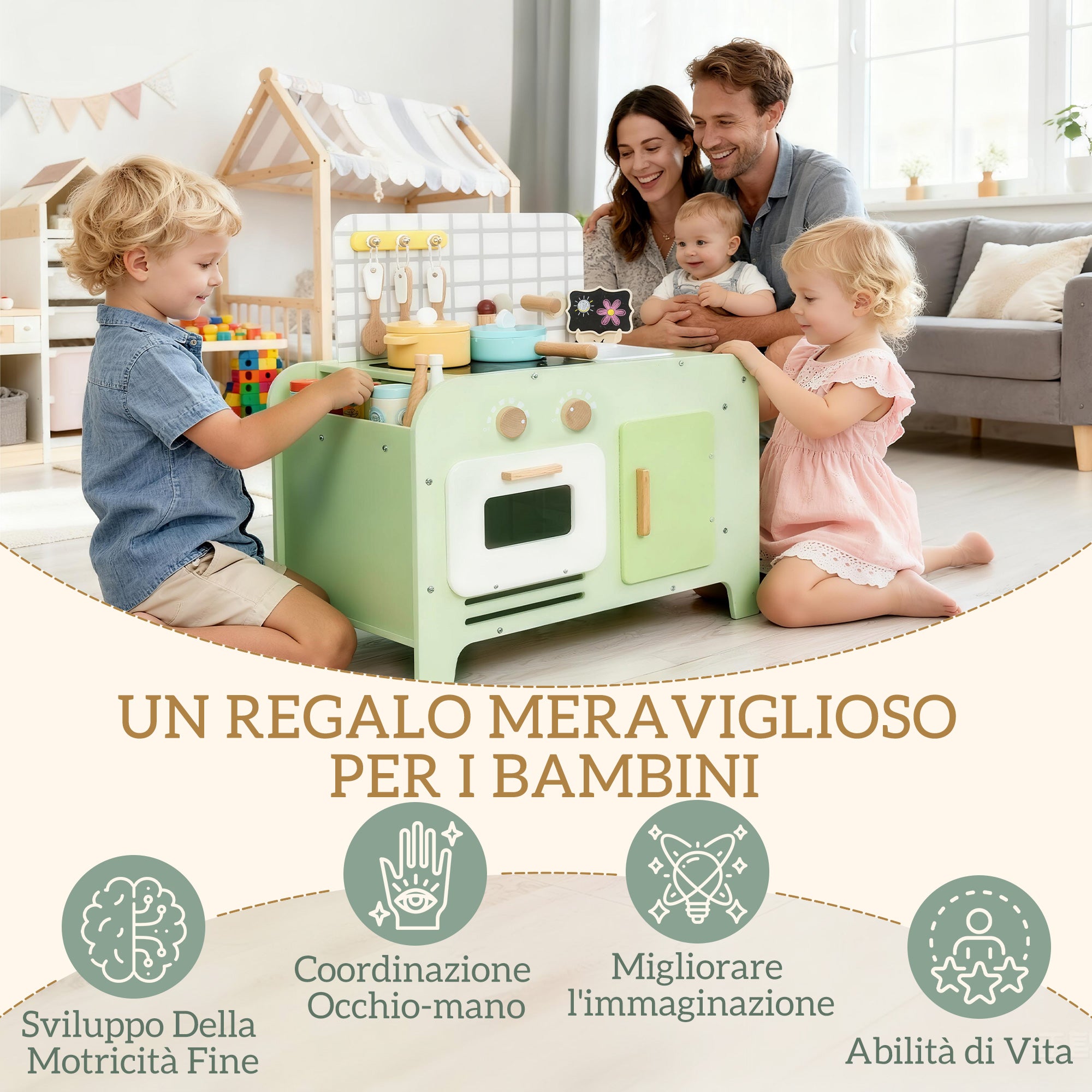 Set Cucina Giocattolo per Bambini da 3+ Anni con 15 Accessori in Legno Verde