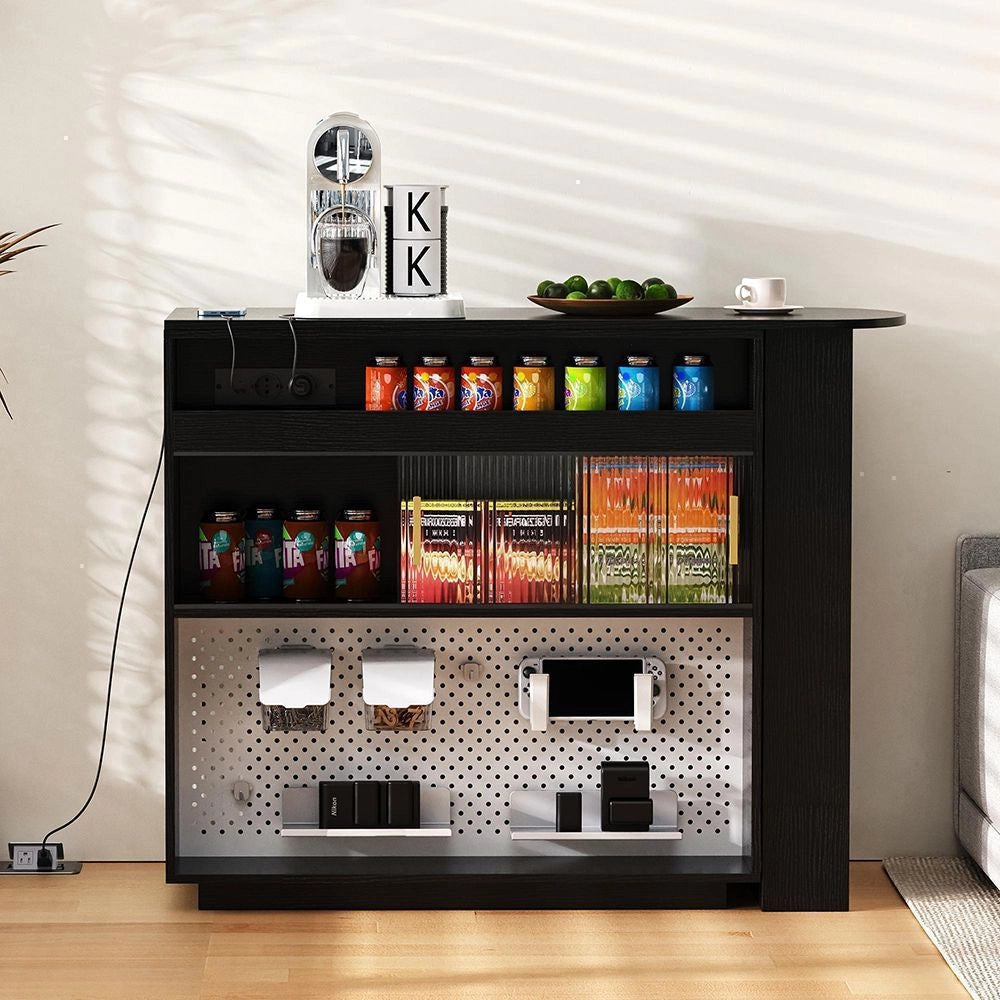 Tavolo bar estensibile girevole 360¡ã - Xylo - LED, spazio di archiviazione, buffet reversibile con pannello forato e prese elettriche, nero