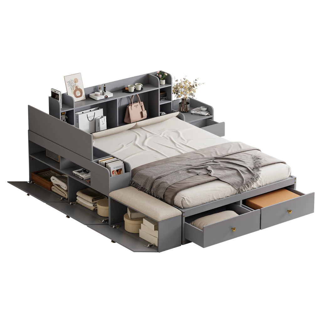Letto combinato con contenitore in legno grigio 140x200 cm
