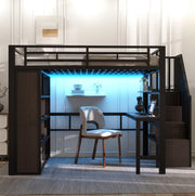 Letto a soppalco ULEVR 140x200 cm con scrivania, ripiani, scala contenitore e LED regolabile, nero