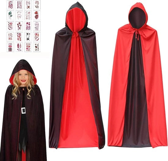 Costume da Halloween vampiro nero con mantello e cappuccio - Set di costume da cosplay con tatuaggi temporanei