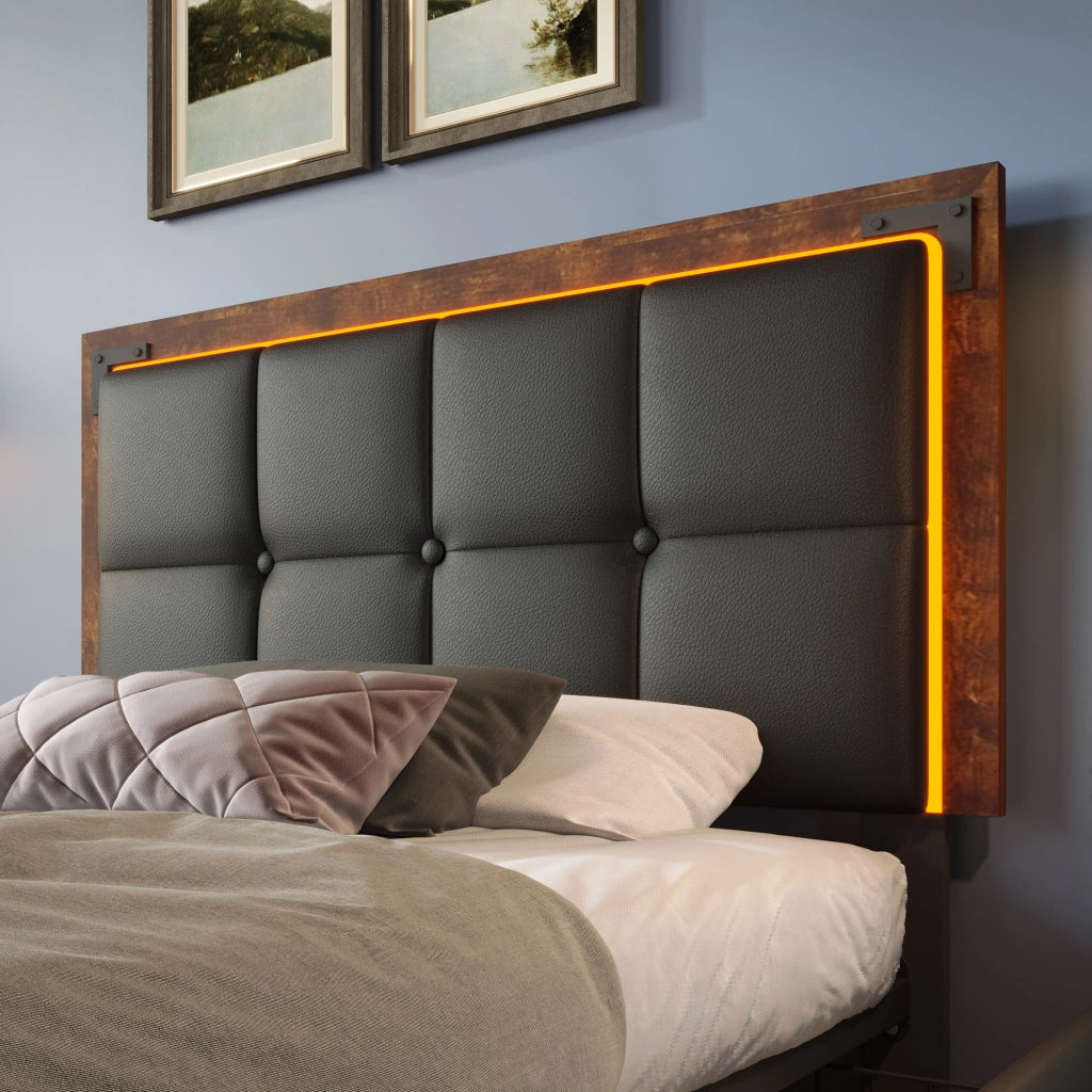 Letto Singolo 1 Posto con LED, 4 Cassetti e Testiera Regolabile 90 × 200 cm, Senza Materasso, Nero