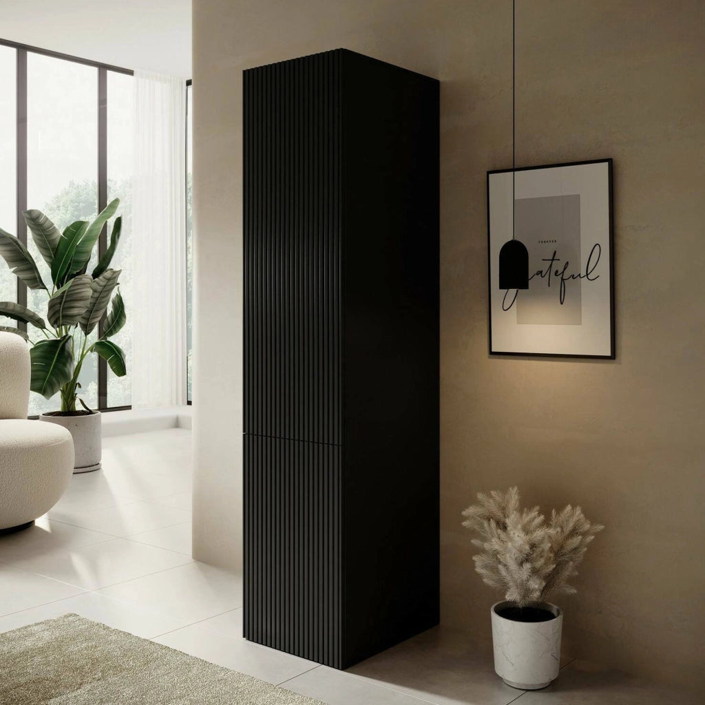 Armadio multiuso 1 anta Treville, Mobile multifunzionale con 4 ripiani interni, Finitura effetto cannettato, 45x56 h199 cm, Nero