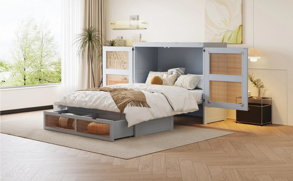 DESMIU Letto a scomparsa 2 posti con 2 cassetti, vano contenitore e ante a 270°, 140 × 200 cm, senza materasso, grigio