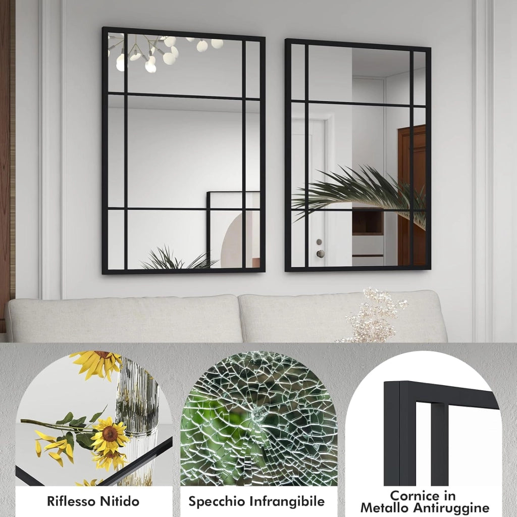 Specchio da Parete, Specchio Rettangolare Decorativo con Cornice in Metallo Antiruggine, Design Infrangibile, per Soggiorno, Caminetto, Orizzontale/Verticale, 100 x 70 cm