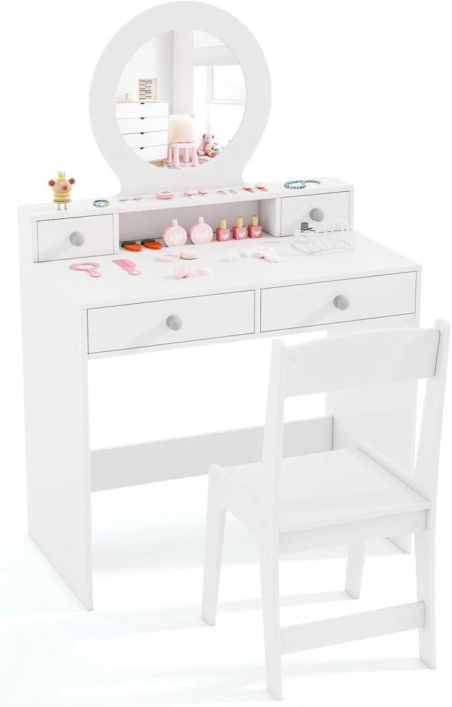 Set Toeletta Trucco per Bambina con Sedia a Schienane, Tavolo Trucco con Specchio Acrilico Rotondo, Postazione Trucco con 2 Cassetti Grandi e 2 Piccoli, per Bambine 3+ Anni, Bianco