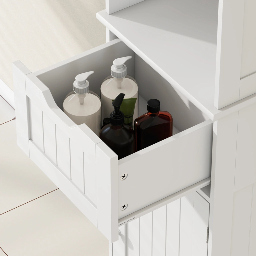 Mobile Colonna Bagno 40x30x170 cm con 2 Armadietti con Sensore Ripiano Aperto e Cassetto in Legno Bianco