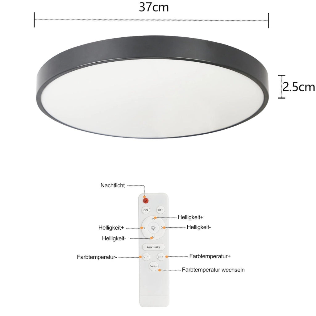ZMH Lampada da soffitto plafoniera LED nera IP44 rotonda 37 cm intensità luminosa regolabile
