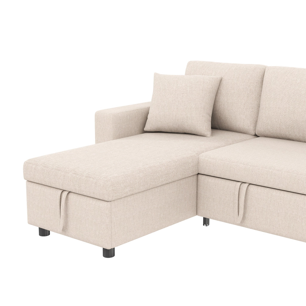 Divano letto multifunzione a L con contenitore e tasche laterali con cuscini in tessuto effetto lino beige