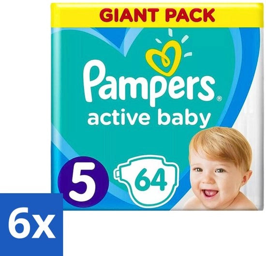 6 x Luiers per Bambino Attivo - Maschio - Taglia 5 (11-16 kg) - Forma Soffice - 64 Luiers - Luiers per Bambino Attivo - Taglia 5 - Luiers per Neonati - Forma Soffice - Luiers Respiranti