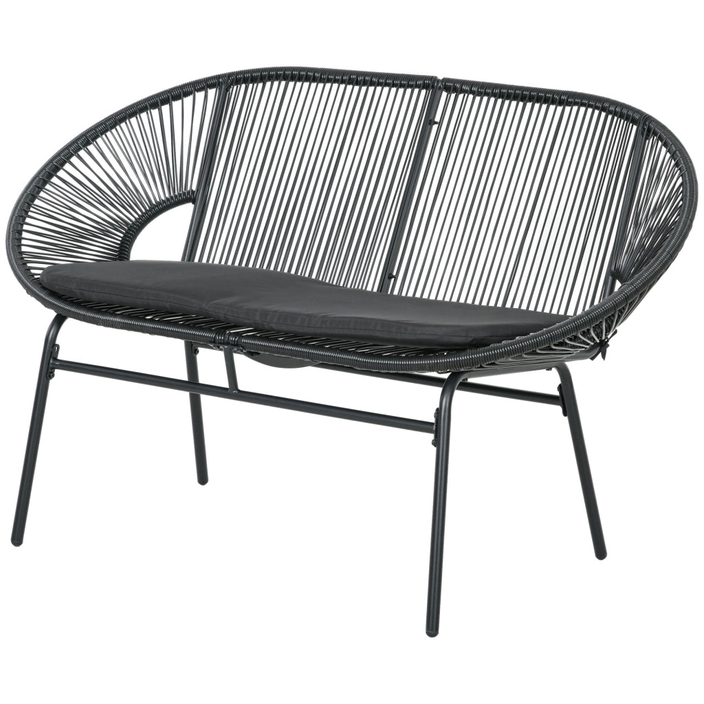 Divano da Giardino 2 Posti in Rattan PE e Acciaio con Cuscini e Braccioli, 132x72x83 cm, Nero