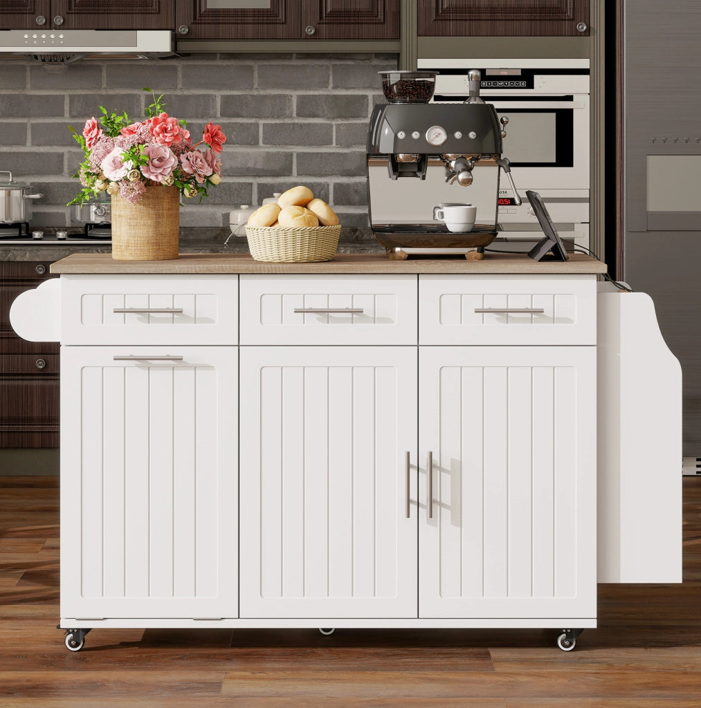 Carrello cucina 120x40(70)x90 cm con piano pieghevole; cassetto e ruote in MDF bianco
