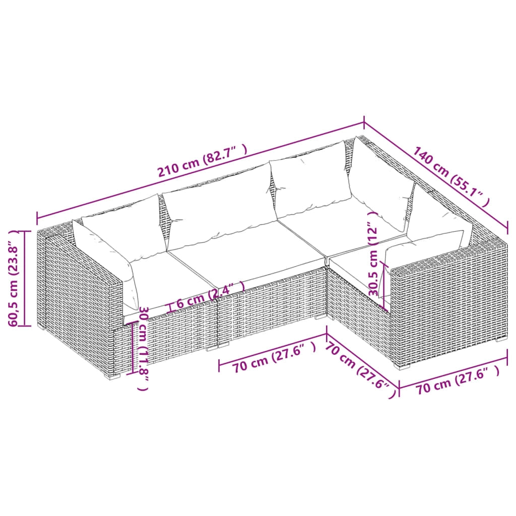 Set di mobili da giardino per esterni 4 pezzi con cuscini resina intrecciata nera 02_0016203