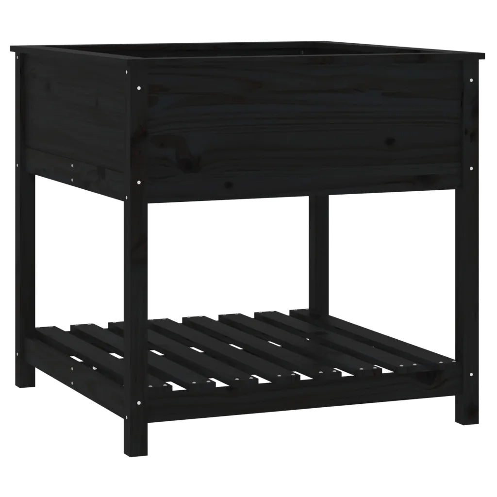 Fioriera con Mensola-Vaso con Ripiano-Contenitore per Piante Nera 82,5x82,5x81cm Legno Massello di Pino