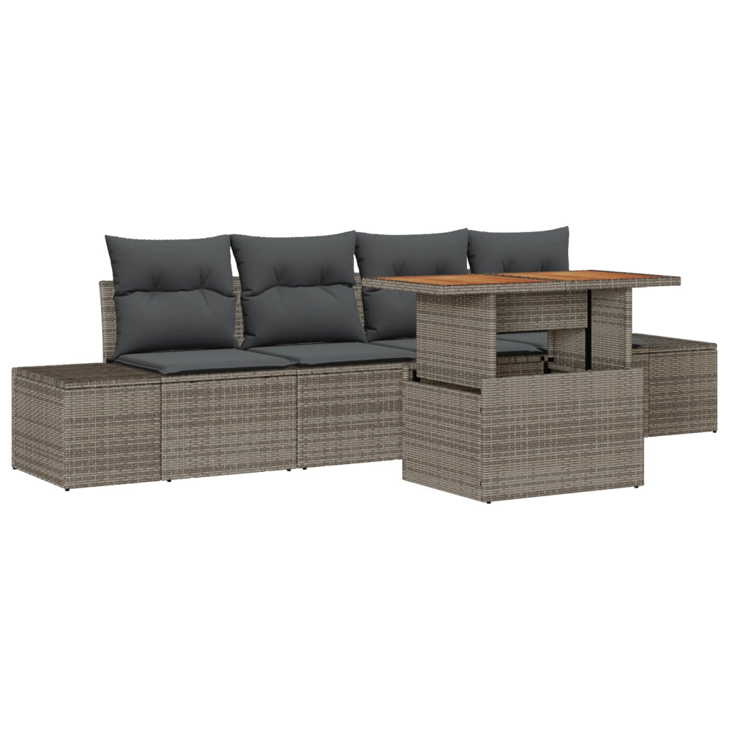 Set di Mobili da Giardino a 5 Pezzi con Cuscini Grigio Rattan Polietilene Acacia