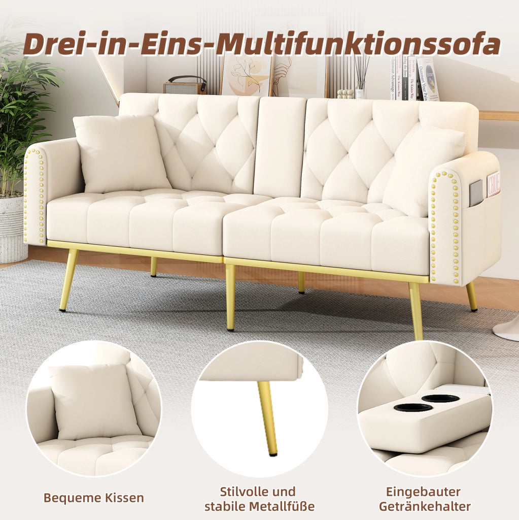 Divano letto 2 posti in velluto beige con schienale reclinabile