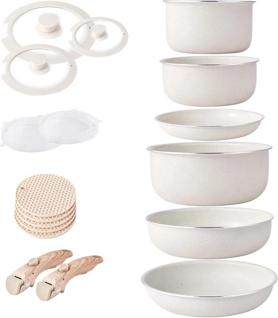 Set di pentole inductive con rivestimento antiaffondamento - Spazio risparmiato - Set da 5 pezzi - Pietra granito
