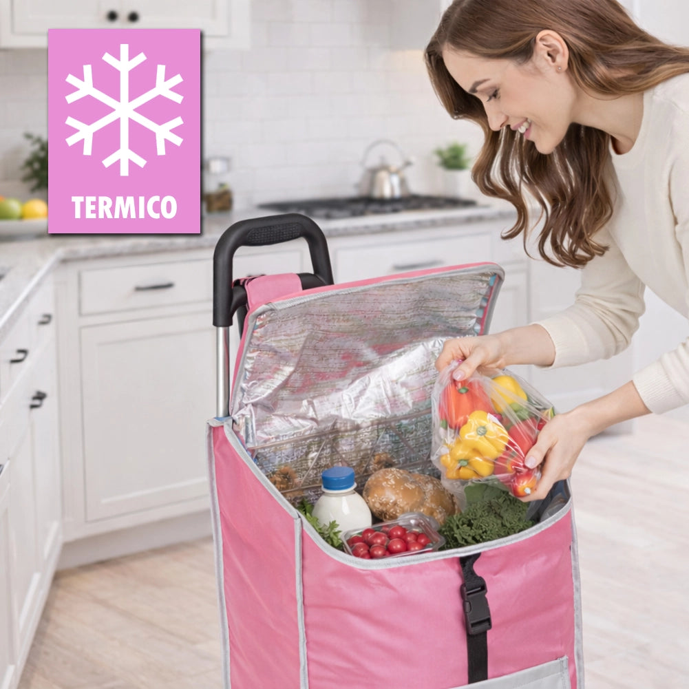 Carrello per la Spesa Zeus Trolley con Rivestimento Termico 35x30x90 cm e Ruote Rosa