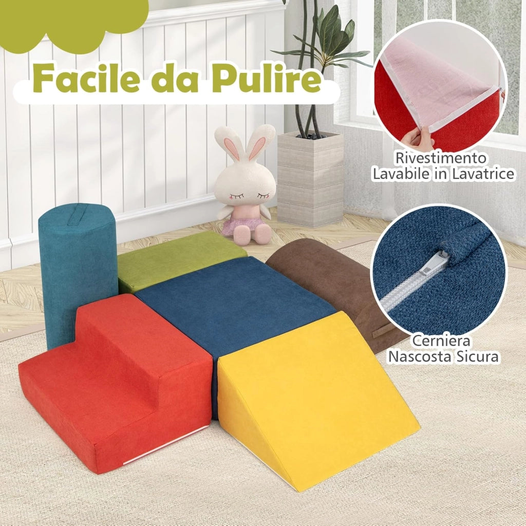 Set di 6 Blocchi di Arrampicata per Bambini, Set di Costruzioni Morbide con Tessuto Ciniglia, Mattoncini in Spugna ad Alta Densità con Maniglie, Ostacoli per Scalare per 1-3 Anni (Multicolore)