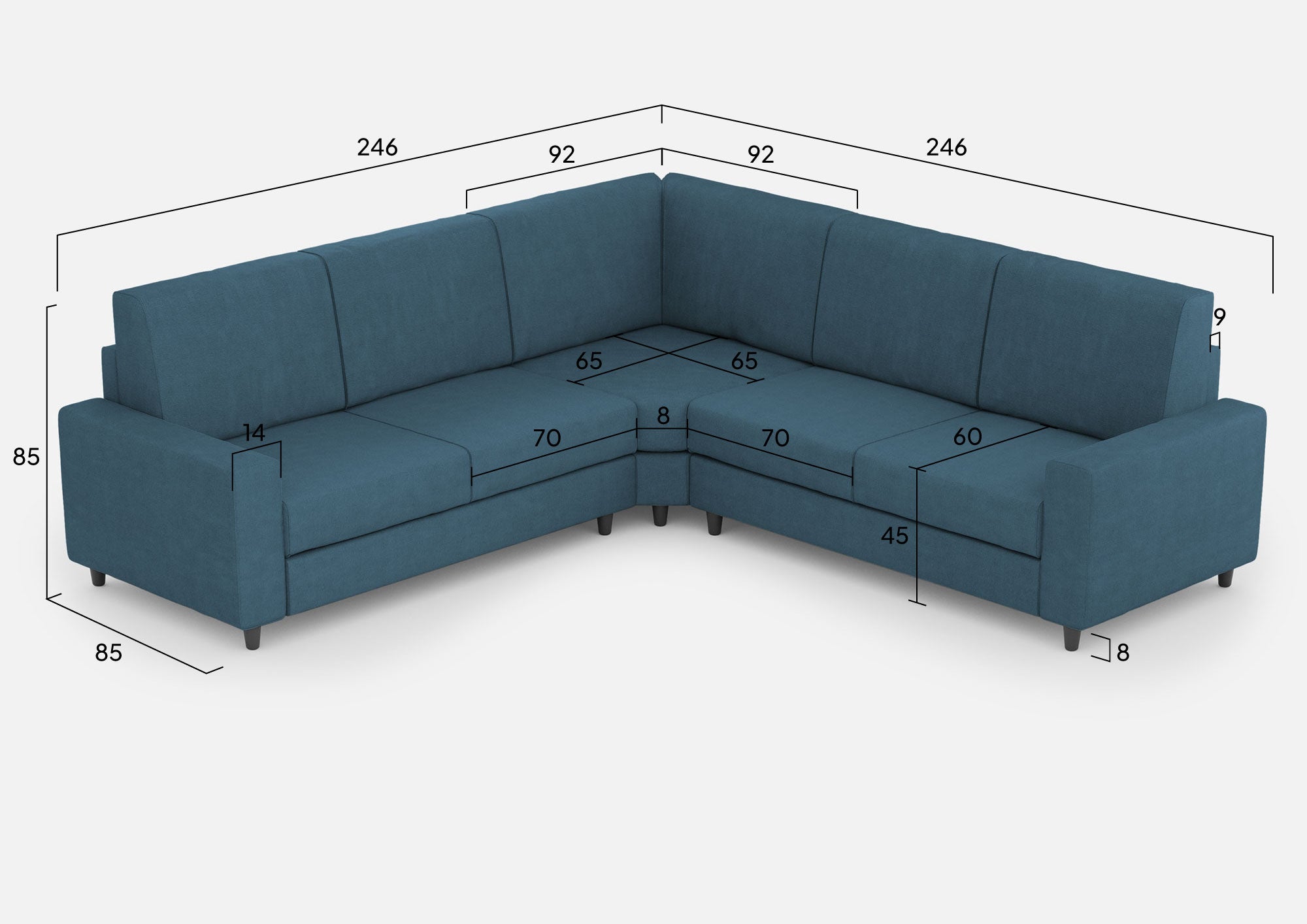 Divano Angolare 5 Posti 246x246x85 cm Sakar in Tessuto Avio