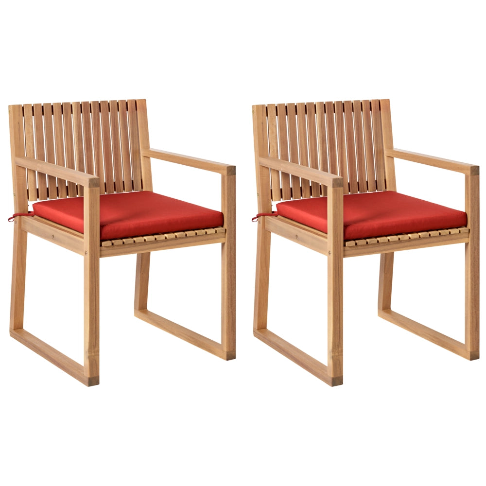 Set di 2 sedie da pranzo da giardino per esterni in legno d'acacia con cuscini rosso resistente agli agenti atmosferici dal design classico