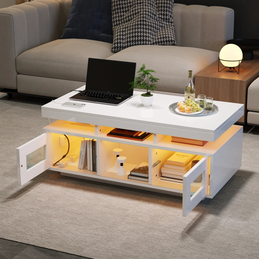 OKWISH Tavolino da Salotto con 2 Ante, 2 Vani e 1 Ripiano, LED e Presa USB, per Soggiorno, Bianco, 100 x 50 x 43 cm