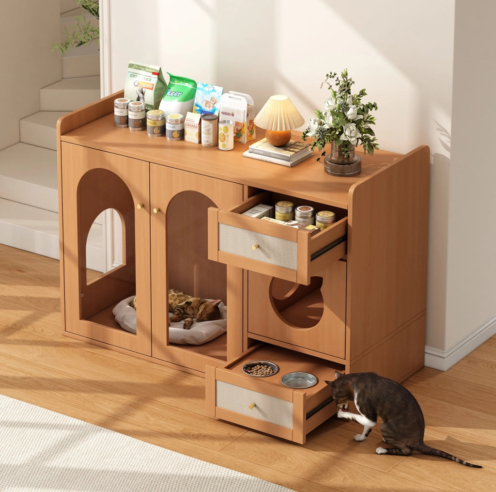 Mobile lettiera per gatti 120x45x83 cm con zona nascosta; vano riposo e ciotole in MDF e vetro; noce